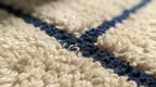 Modern Moroccan Geometric Shag Rug - Plush Cream Wool with Navy Blue Outlines - Hand-Tufted Berber Style Area Rug