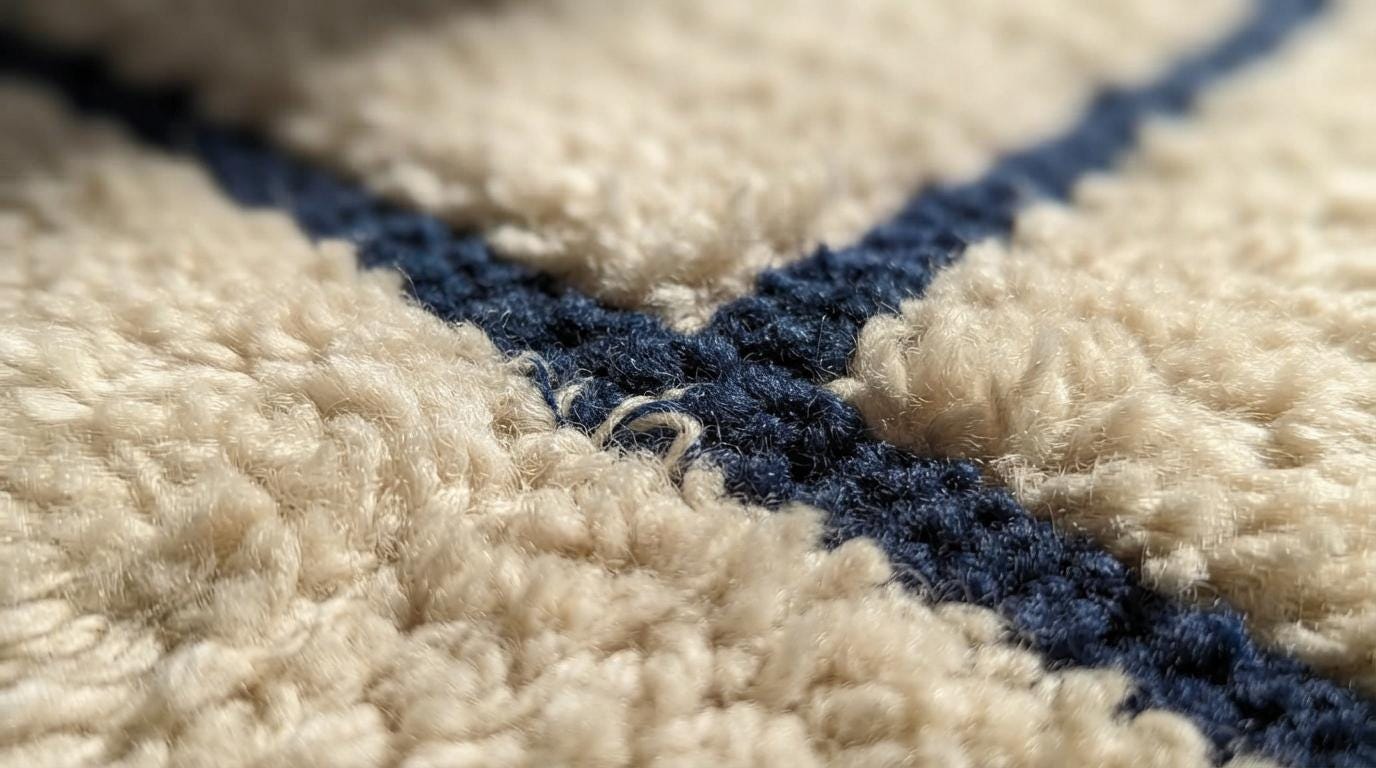 Modern Moroccan Geometric Shag Rug - Plush Cream Wool with Navy Blue Outlines - Hand-Tufted Berber Style Area Rug
