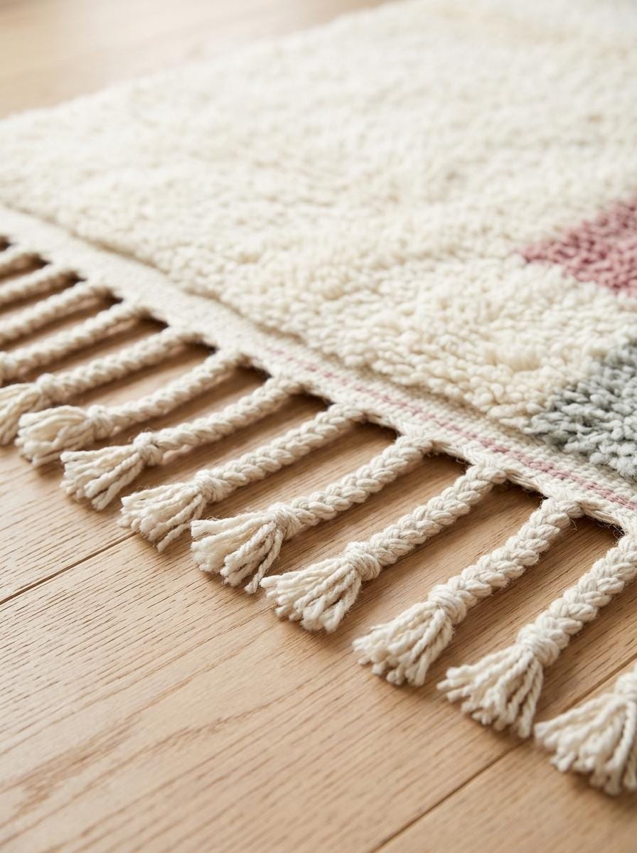 Hand-Knotted Moroccan Rug – Organic Wool Geometric Stripe Tassel Fringe