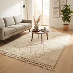 Minimalist Moroccan Berber Rug, Hand-Knotted Cream Wool Carpet, Beni Ourain Style Living Room