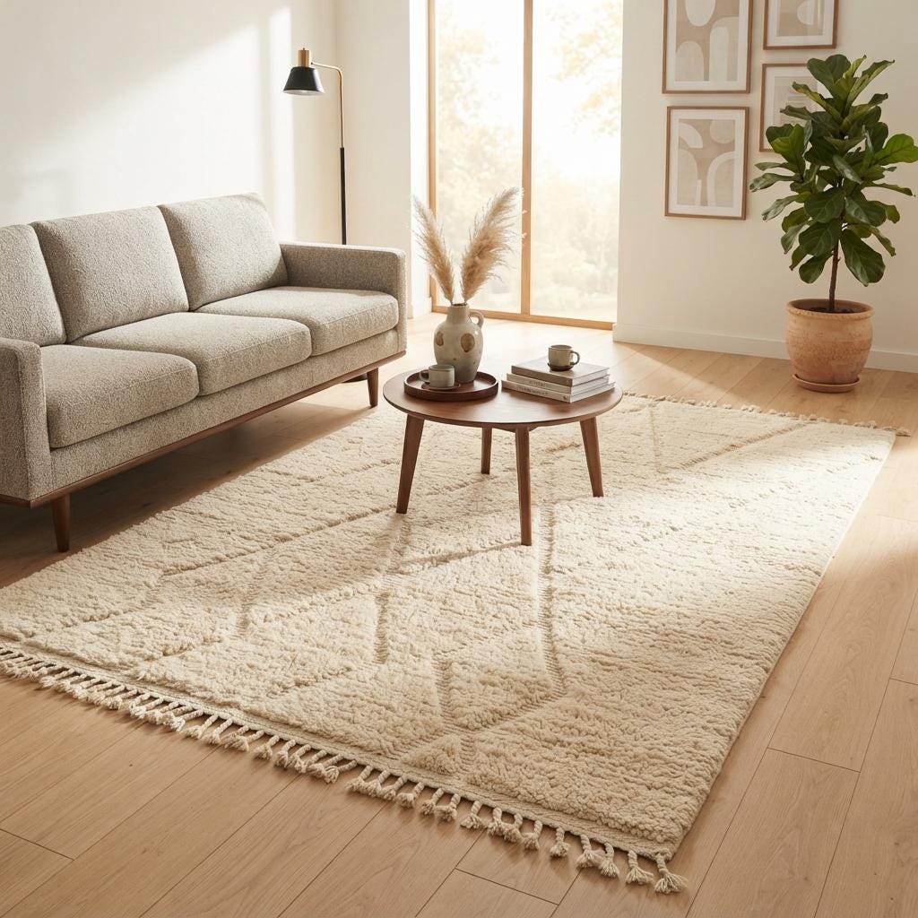 Minimalist Moroccan Berber Rug, Hand-Knotted Cream Wool Carpet, Beni Ourain Style Living Room