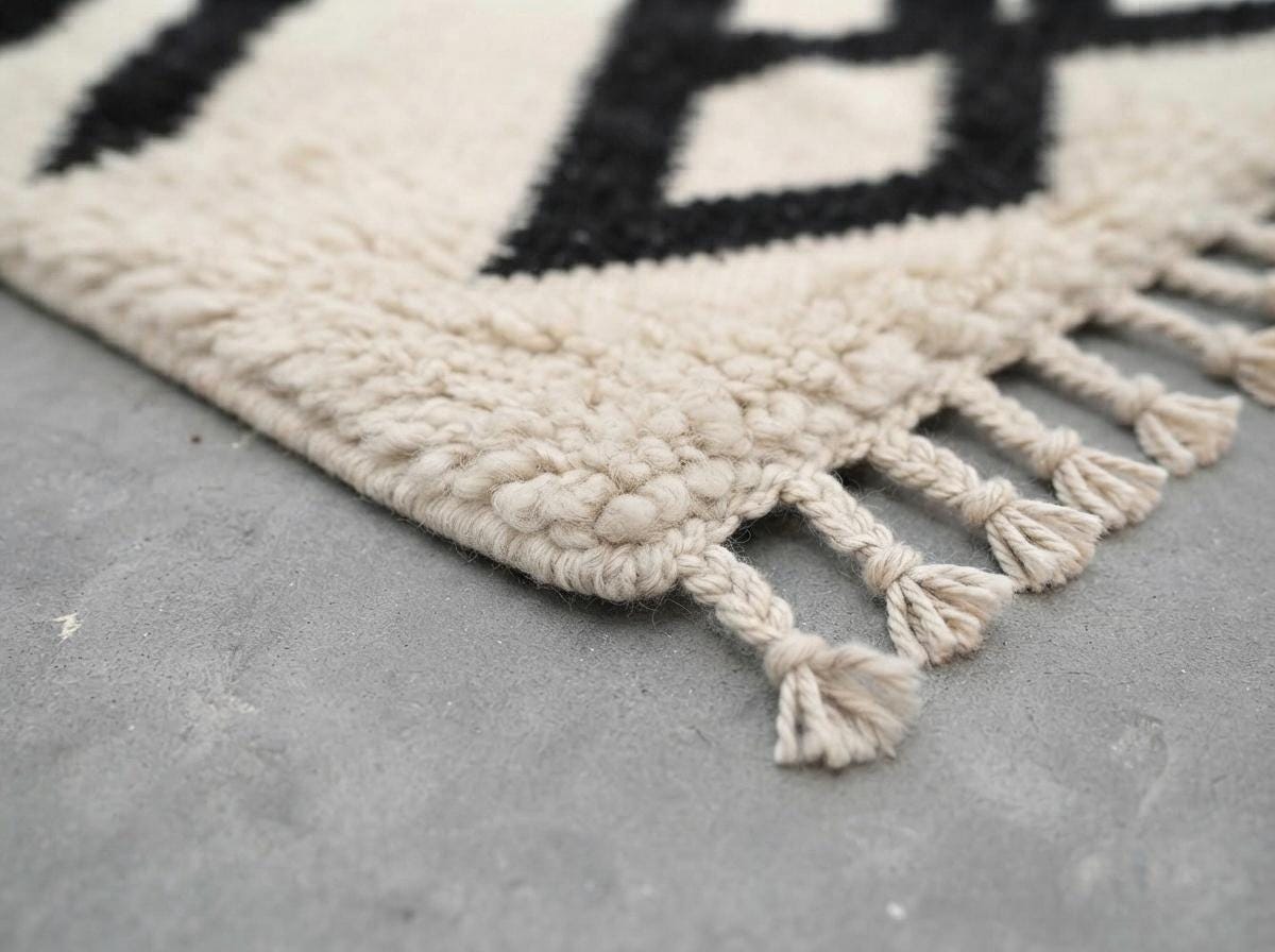 Hand-Knotted Moroccan Geometric Wool Rug – Cream Black Diamond Berber Tasseled Area Carpet
