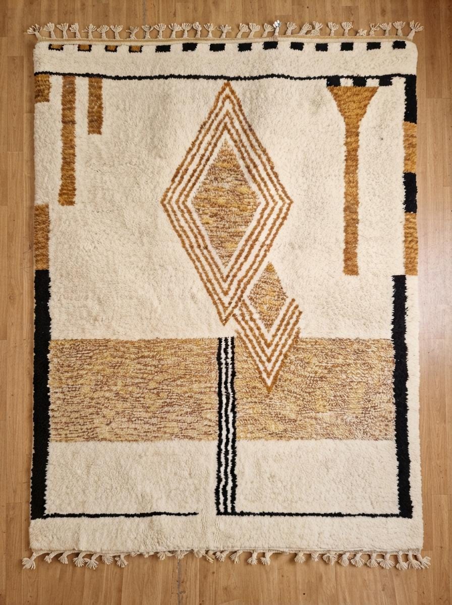 Hand-Knotted Moroccan Rug – Cream Wool Geometric Berber Area Carpet