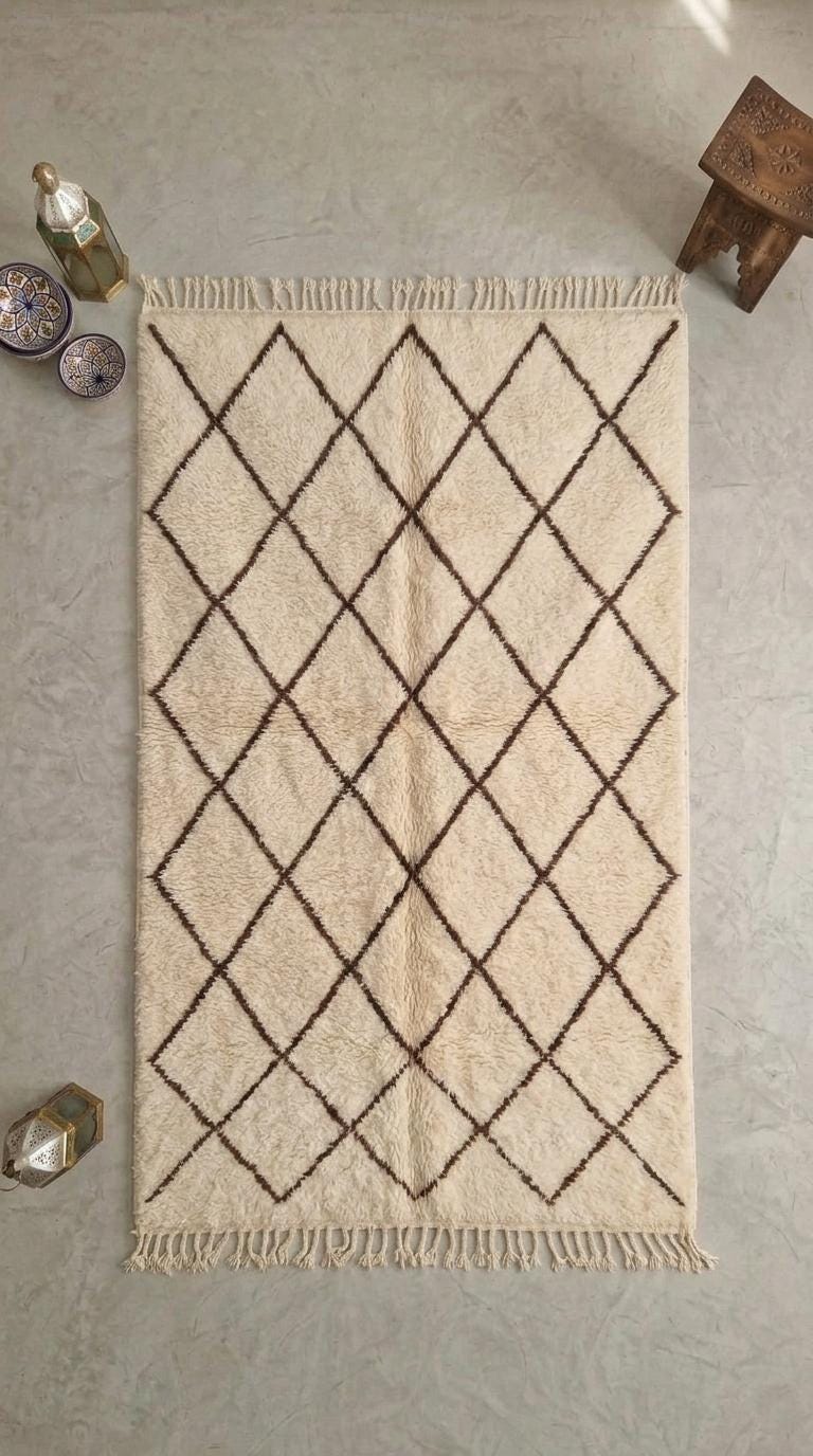 Traditional Moroccan Beni Ourain Rug - Plush Cream Wool with Dark Brown Diamond Lattice - Handwoven Tribal Area Rug - Artisanal Home Decor