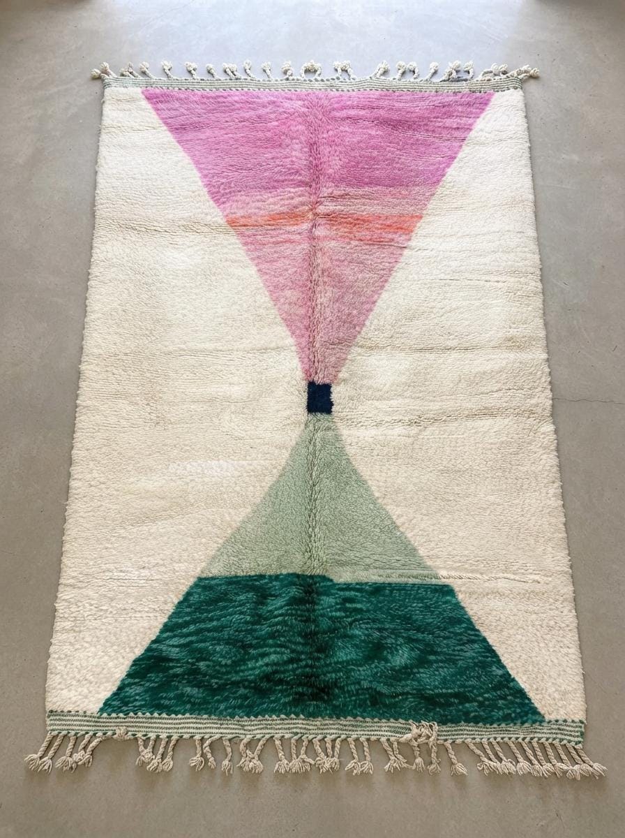 Hand-knotted Moroccan Shaggy Rug – Geometric Triangles, Wool, Pink Green Blue Decor