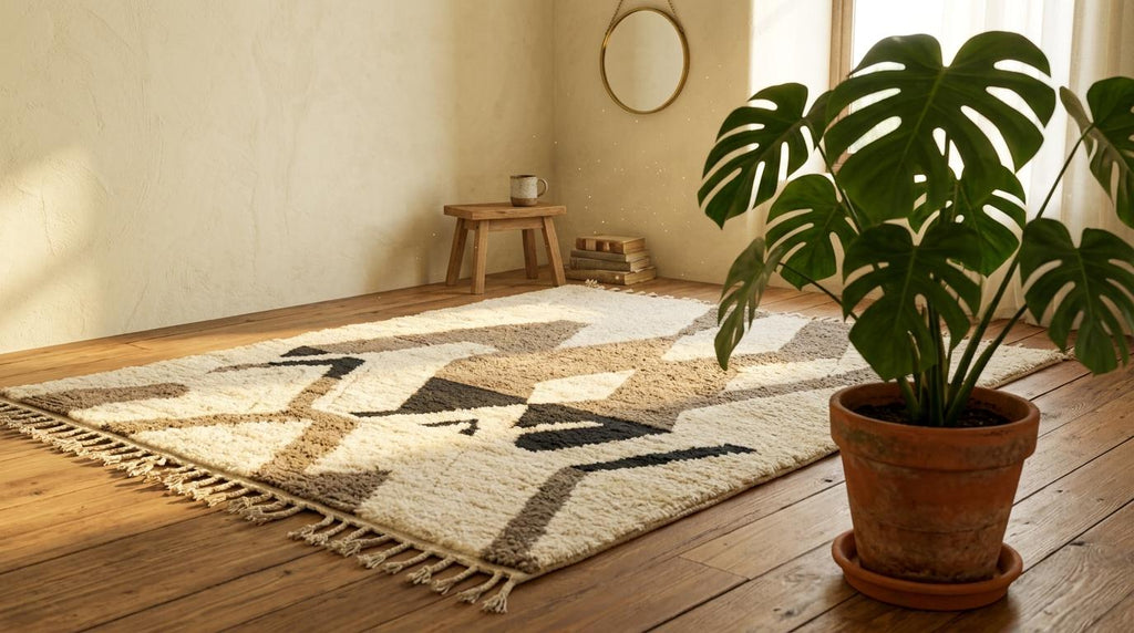 Hand-Knotted Wool Geometric Rug – Cream, Brown, Beige Modern Moroccan Area Rug