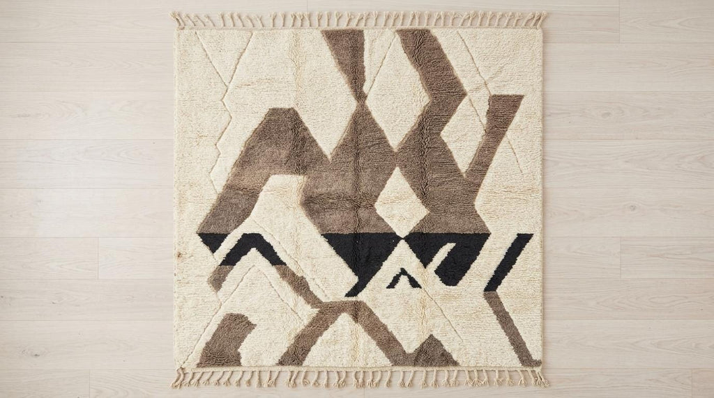 Hand-Knotted Wool Geometric Rug – Cream, Brown, Beige Modern Moroccan Area Rug
