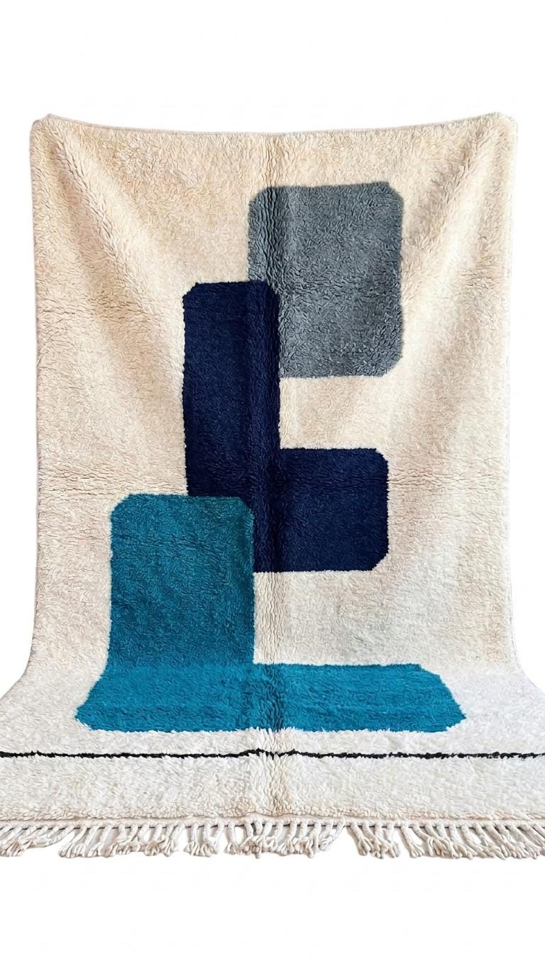 Morrocan Rug, Navy  Geometric Area Rug, Plush Hand-Tufted Boho Wool Rug