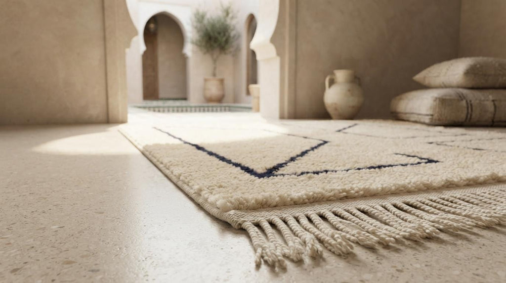 Modern Moroccan Geometric Shag Rug - Plush Cream Wool with Navy Blue Outlines - Hand-Tufted Berber Style Area Rug