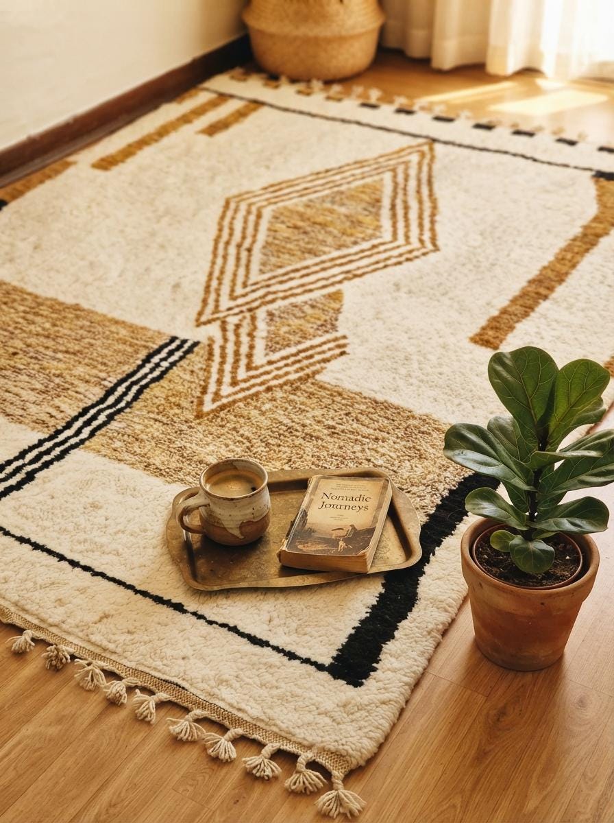 Hand-Knotted Moroccan Rug – Cream Wool Geometric Berber Area Carpet