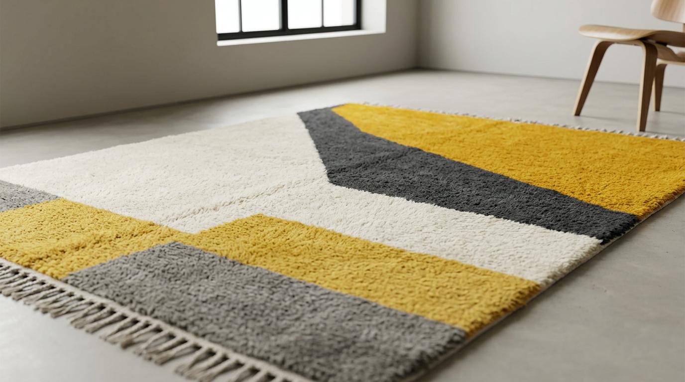 Hand-Knotted Moroccan Shaggy Rug – Mustard Geometric Wool Area Rug (Beni Ourain Style)