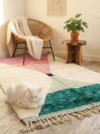 Hand-knotted Moroccan Shaggy Rug – Geometric Triangles, Wool, Pink Green Blue Decor