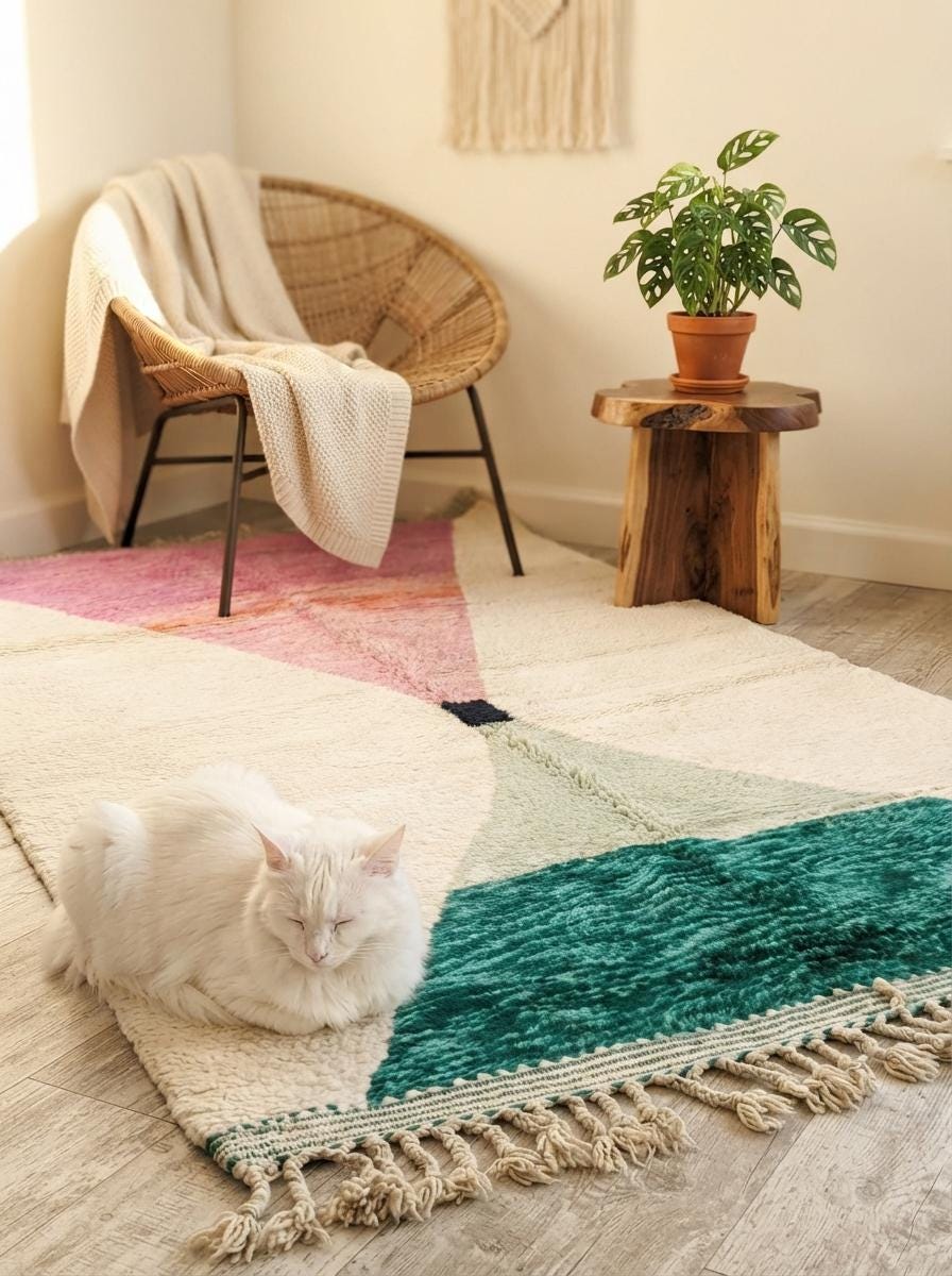Hand-knotted Moroccan Shaggy Rug – Geometric Triangles, Wool, Pink Green Blue Decor