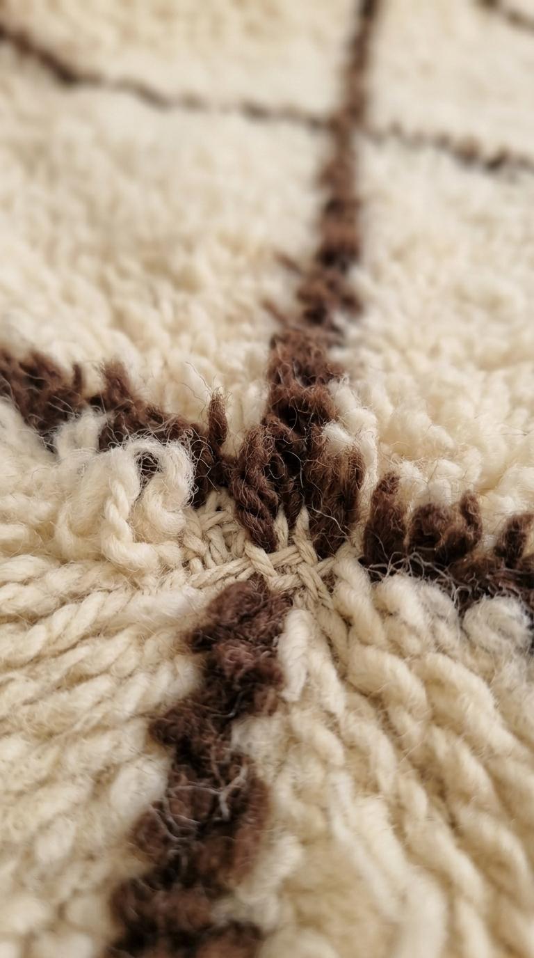 Traditional Moroccan Beni Ourain Rug - Plush Cream Wool with Dark Brown Diamond Lattice - Handwoven Tribal Area Rug - Artisanal Home Decor