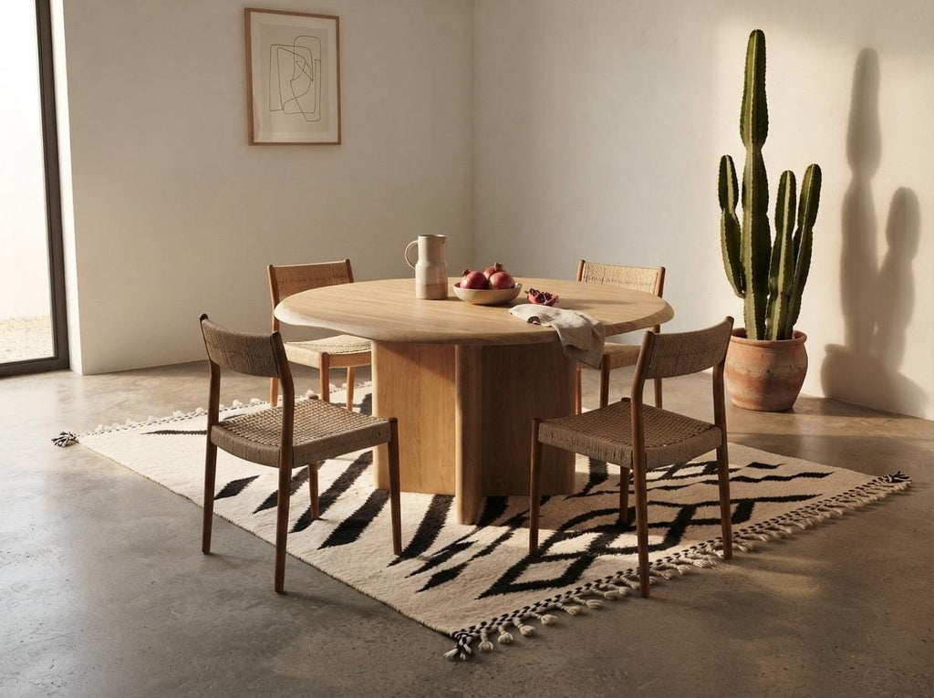 Hand-Knotted Moroccan Geometric Wool Rug – Cream Black Diamond Berber Tasseled Area Carpet