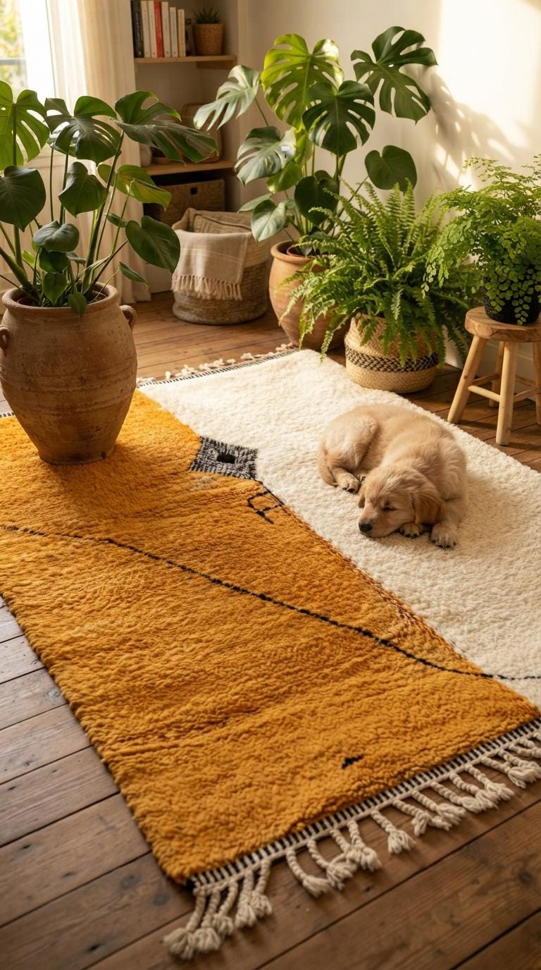 Hand-knotted Moroccan Rug – Orange, Off-White, Tassels, Tribal Decor