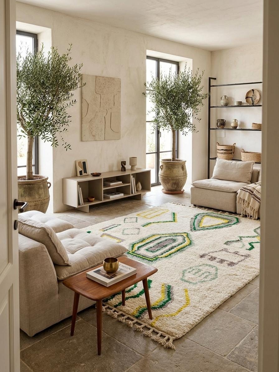 Beni Ourain Wool Rug – Cream Geometric Tribal Motifs, Handwoven Berber Area Rug
