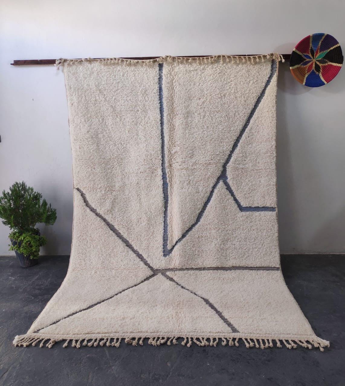 Hand-Woven Moroccan Rug, Cream Geometric Area Rug, Dark Gray Tufted Scandi Boho Plush Rug