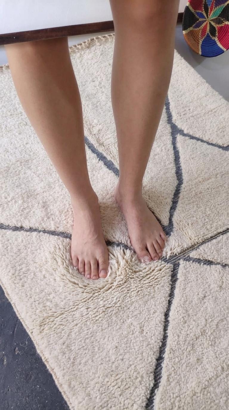 Hand-Woven Moroccan Rug, Cream Geometric Area Rug, Dark Gray Tufted Scandi Boho Plush Rug