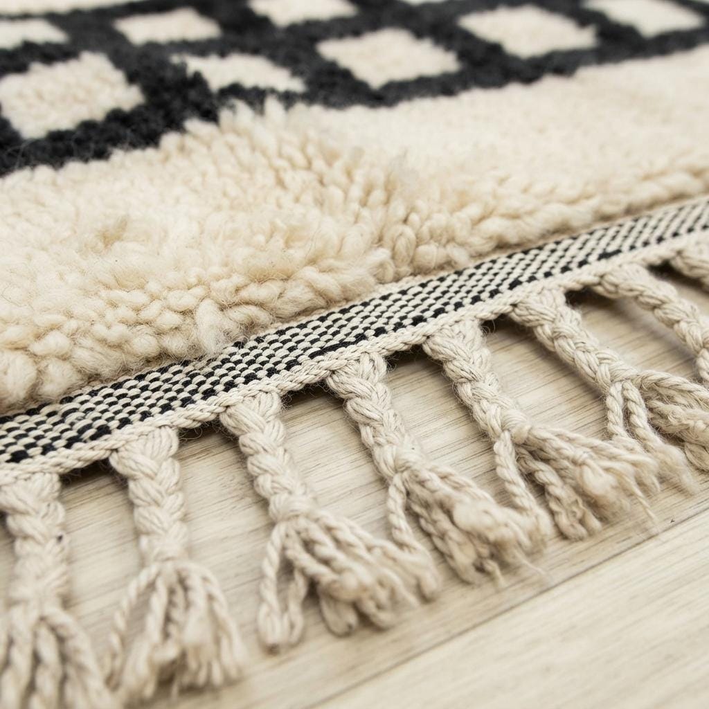 Cream & Black Geometric Wool Rug – Boho Shag Pile