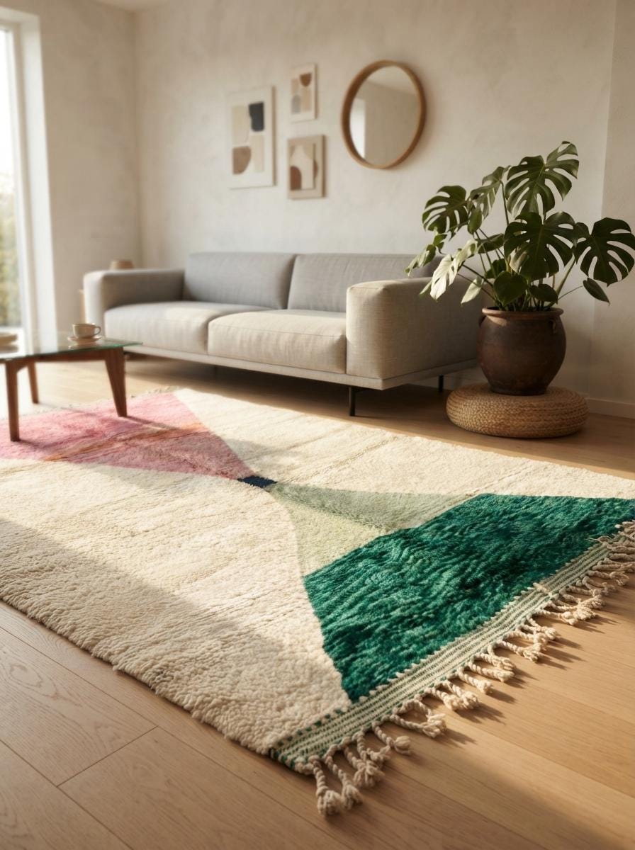 Hand-knotted Moroccan Shaggy Rug – Geometric Triangles, Wool, Pink Green Blue Decor