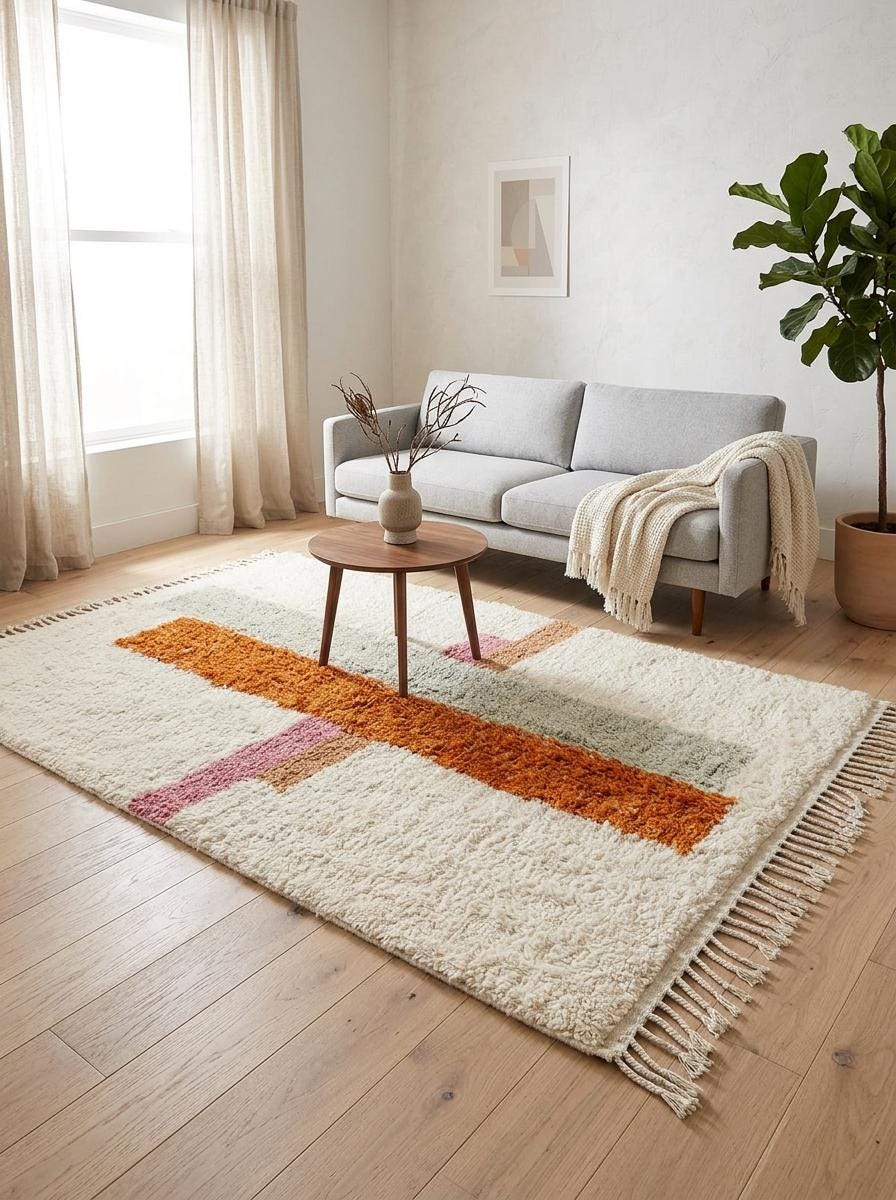 Hand-Knotted Moroccan Rug – Organic Wool Geometric Stripe Tassel Fringe