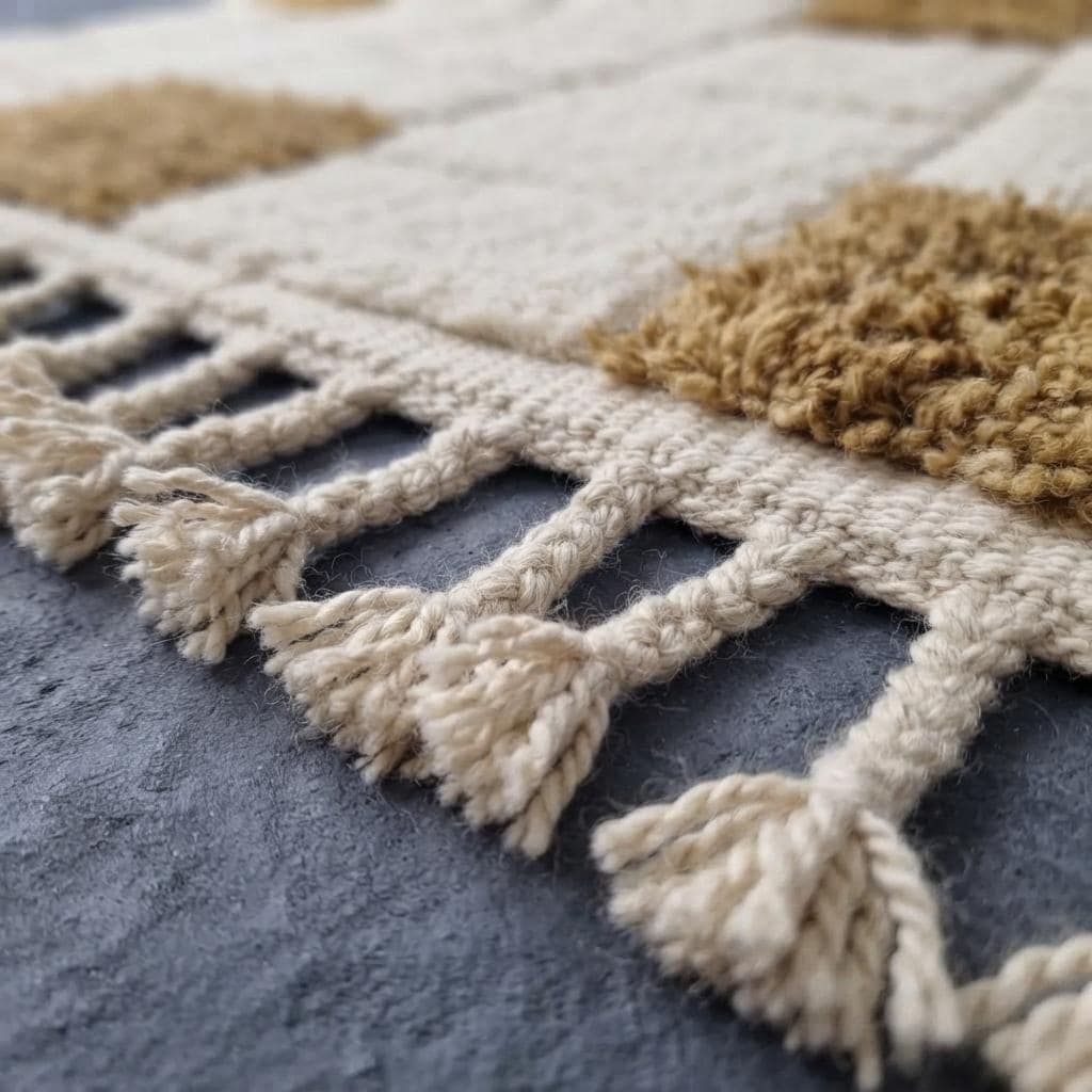 Moroccan  Wool Rug, Hand-Knotted Mustard and Cream Berber Carpet, Modern Geometric Area Rug