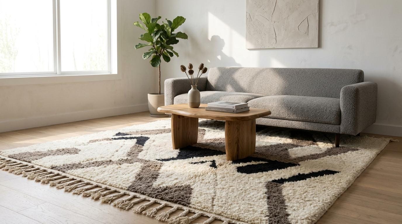 Hand-Knotted Wool Geometric Rug – Cream, Brown, Beige Modern Moroccan Area Rug