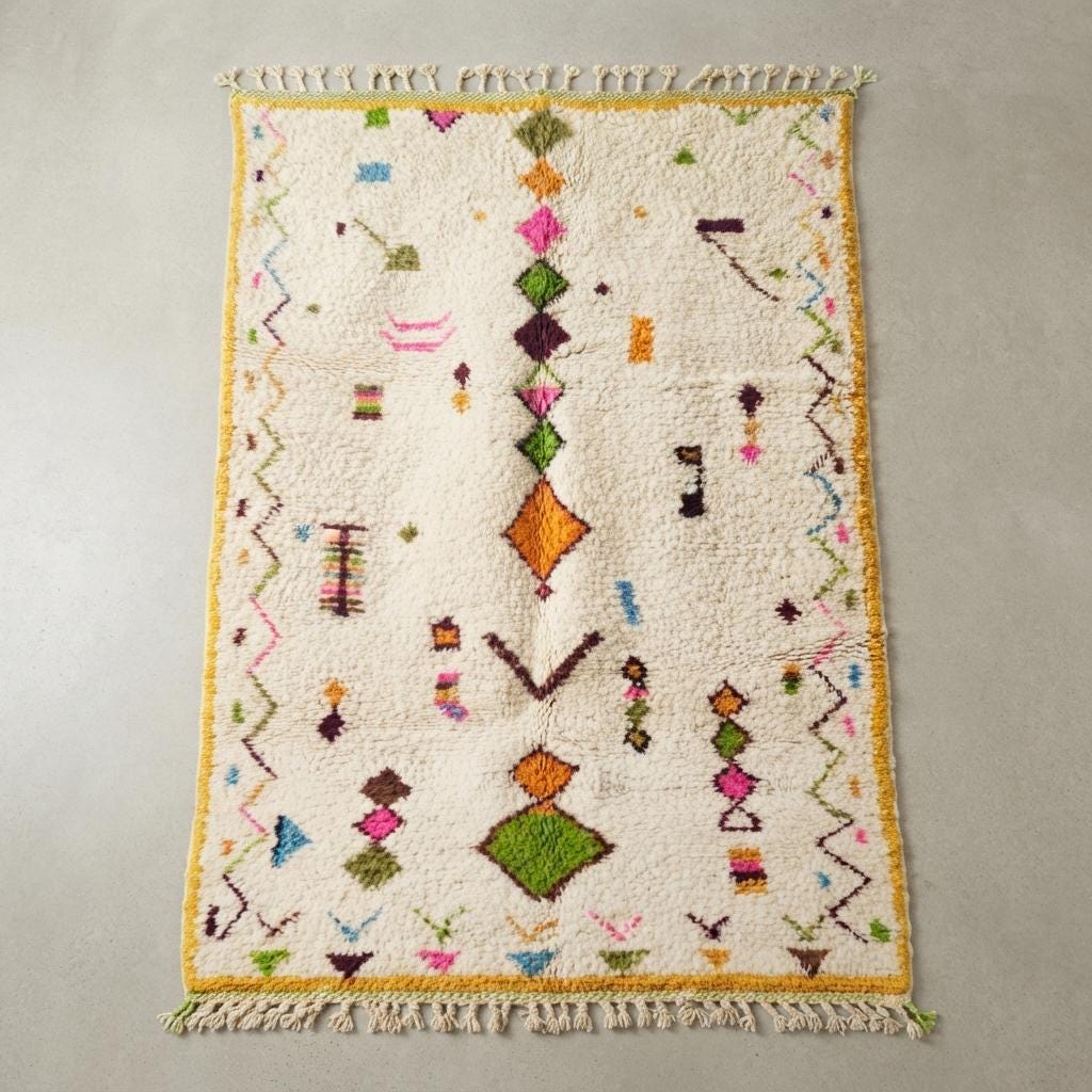 Hand-Knotted Wool  Carpet, Colorful Geometric Patterns, Bohemian Floor BerberArt