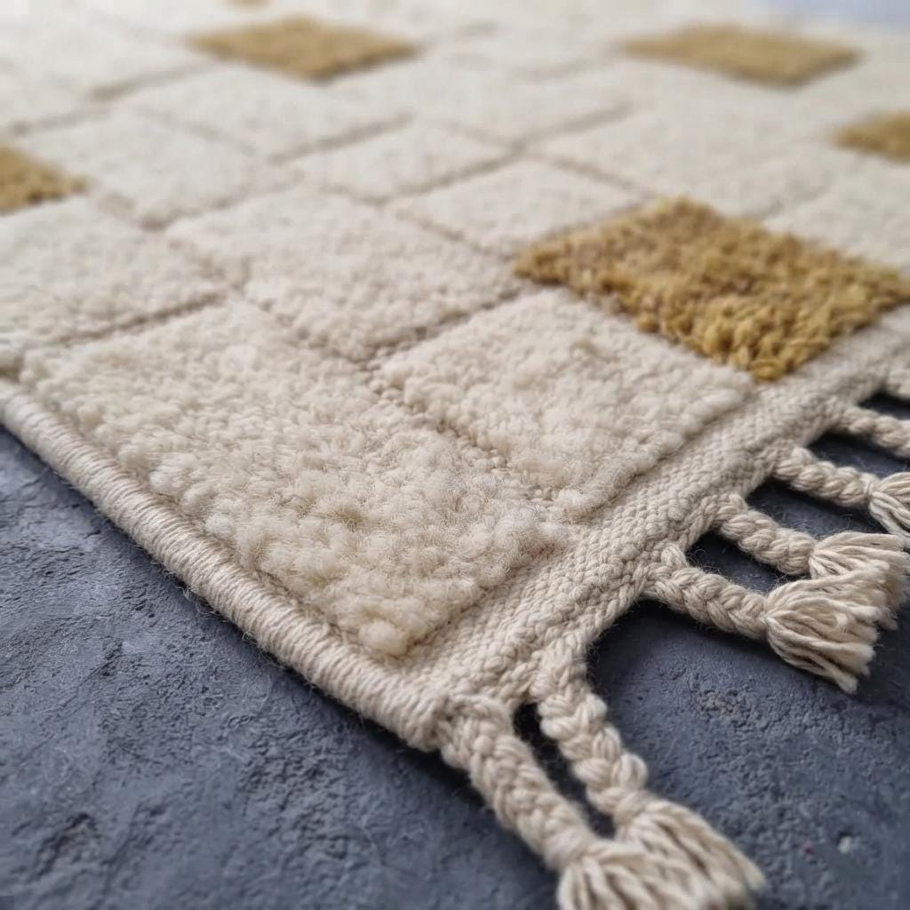 Moroccan  Wool Rug, Hand-Knotted Mustard and Cream Berber Carpet, Modern Geometric Area Rug