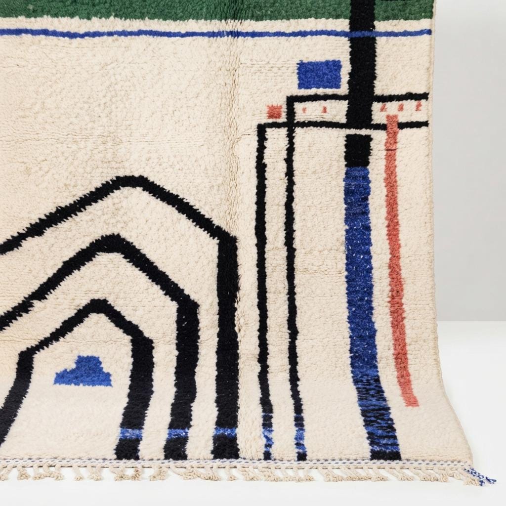Hand-Knotted Moroccan Geometric Rug – Cream, Blue, Green, Red Berber Tribal Home Decor