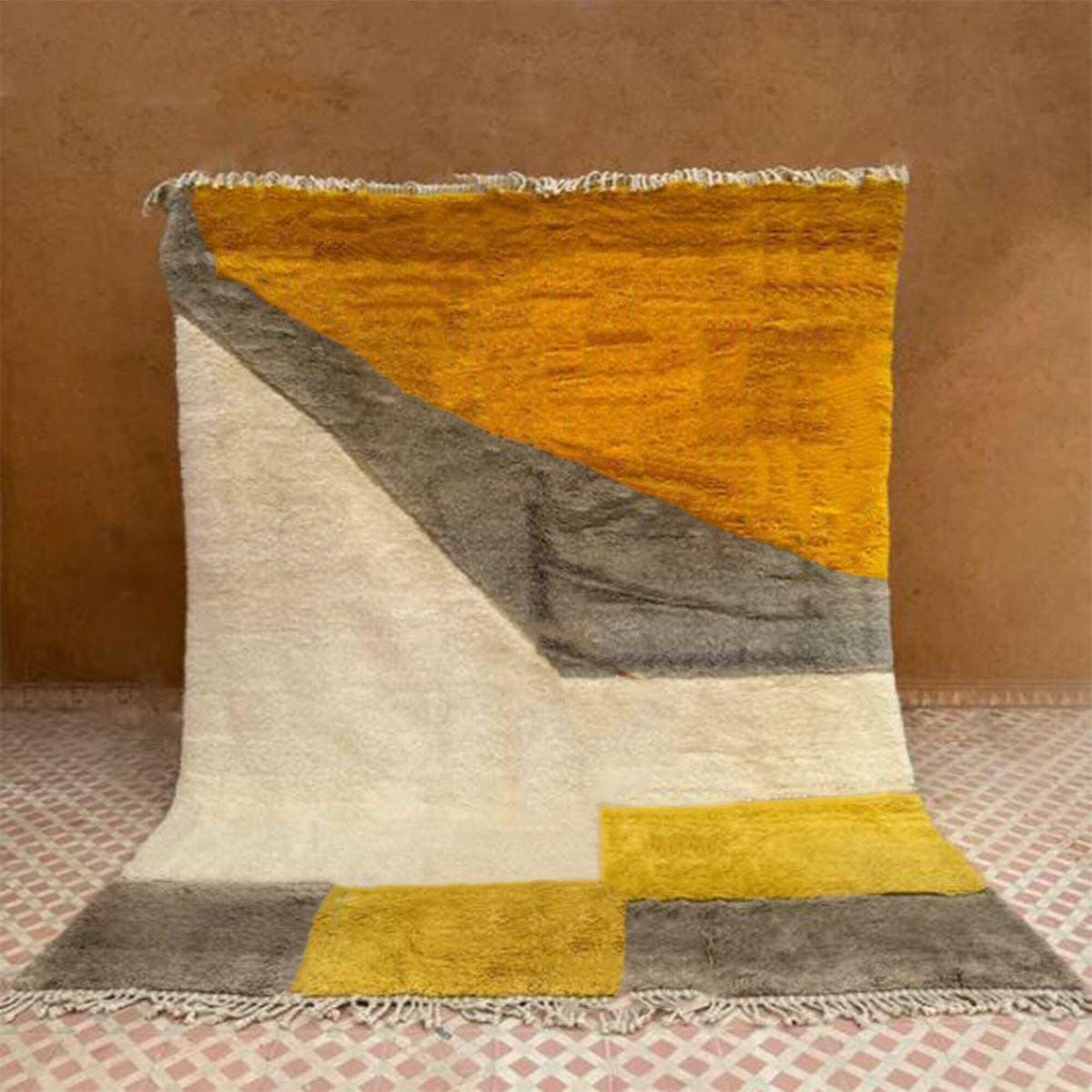 Hand-Knotted Moroccan Shaggy Rug – Mustard Geometric Wool Area Rug (Beni Ourain Style)