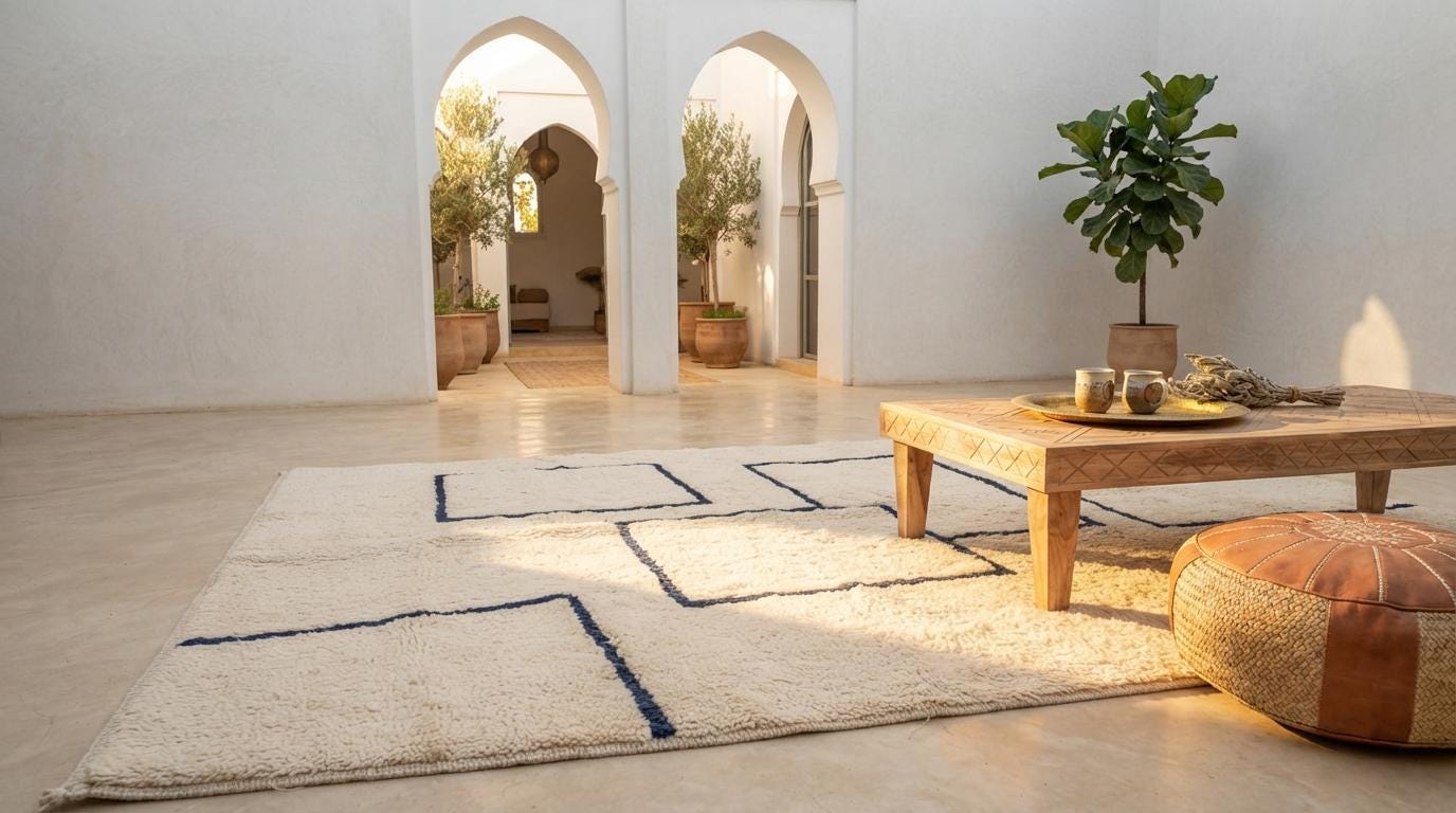 Modern Moroccan Geometric Shag Rug - Plush Cream Wool with Navy Blue Outlines - Hand-Tufted Berber Style Area Rug