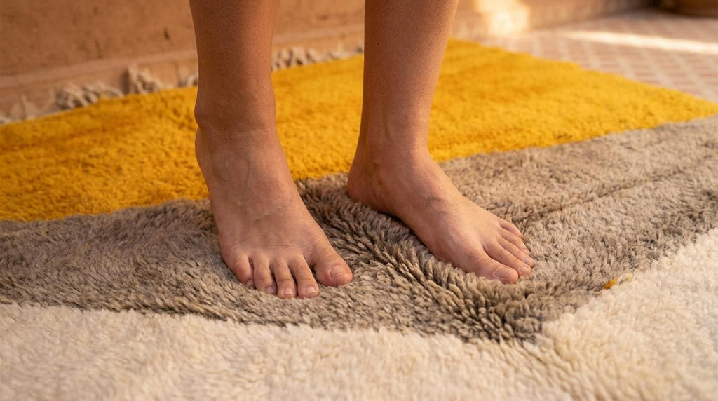 Hand-Knotted Moroccan Shaggy Rug – Mustard Geometric Wool Area Rug (Beni Ourain Style)