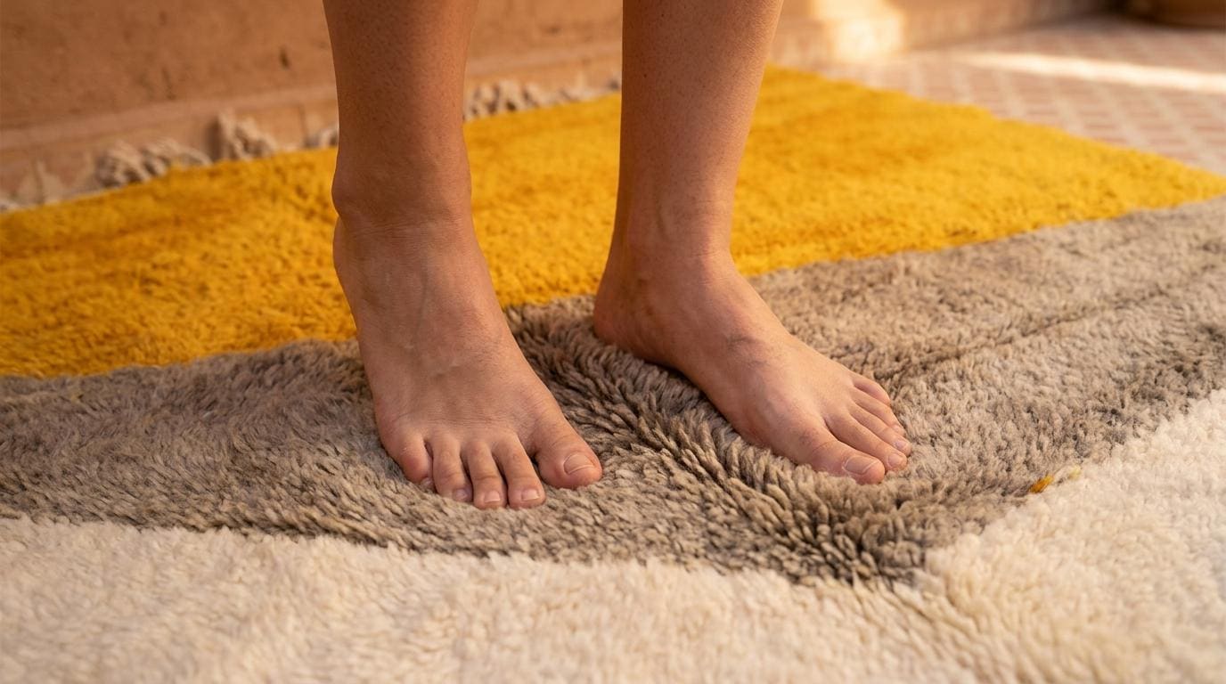 Hand-Knotted Moroccan Shaggy Rug – Mustard Geometric Wool Area Rug (Beni Ourain Style)