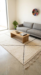 Hand-Woven Moroccan Rug, Cream Geometric Area Rug, Dark Gray Tufted Scandi Boho Plush Rug
