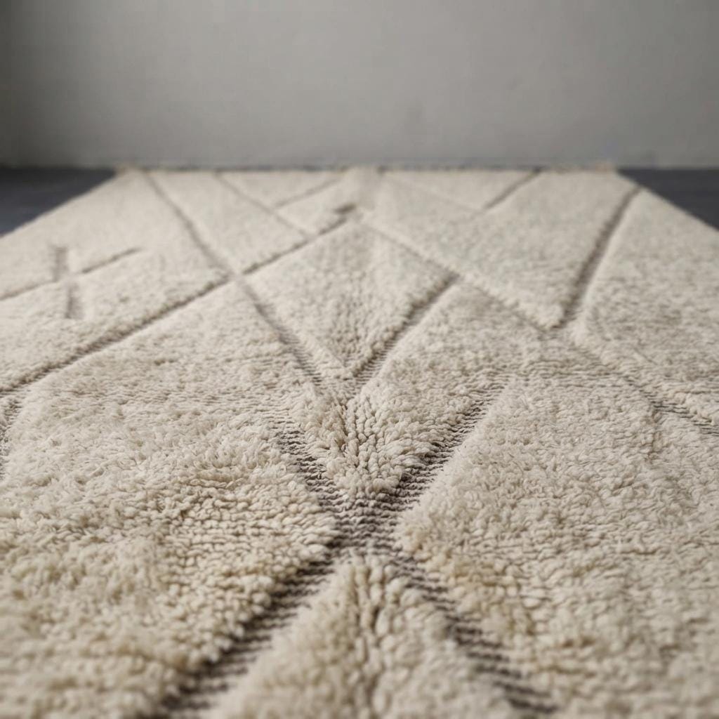 Minimalist Moroccan Berber Rug, Hand-Knotted Cream Wool Carpet, Beni Ourain Style Living Room