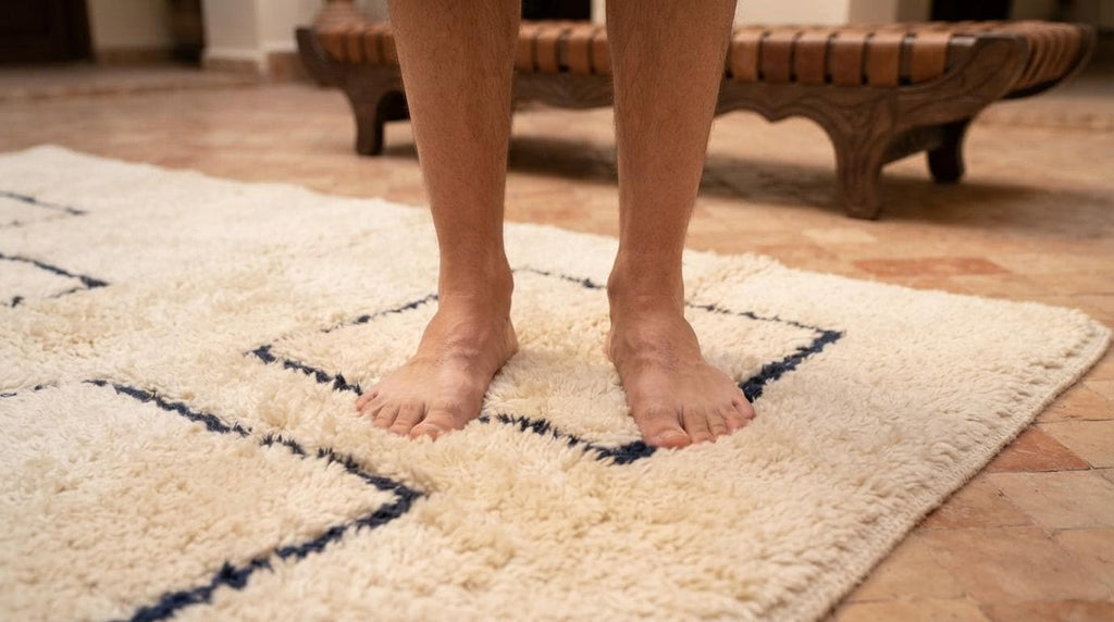 Modern Moroccan Geometric Shag Rug - Plush Cream Wool with Navy Blue Outlines - Hand-Tufted Berber Style Area Rug