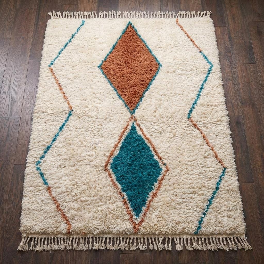 Moroccan Wool Area Rug, Cream Diamond Pattern, Boho Living Room Carpet