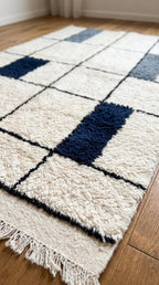 Navy Bleu Moroccan Rug, Geometric Block Area Rug,  Grey Shag, Hand-Tufted Boho Decor