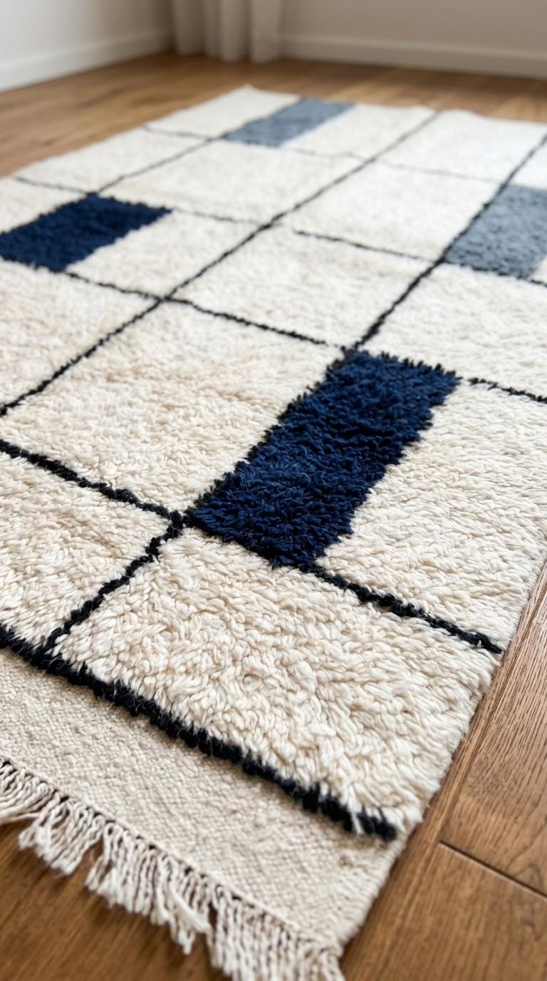 Navy Bleu Moroccan Rug, Geometric Block Area Rug,  Grey Shag, Hand-Tufted Boho Decor