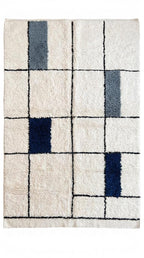 Navy Bleu Moroccan Rug, Geometric Block Area Rug,  Grey Shag, Hand-Tufted Boho Decor