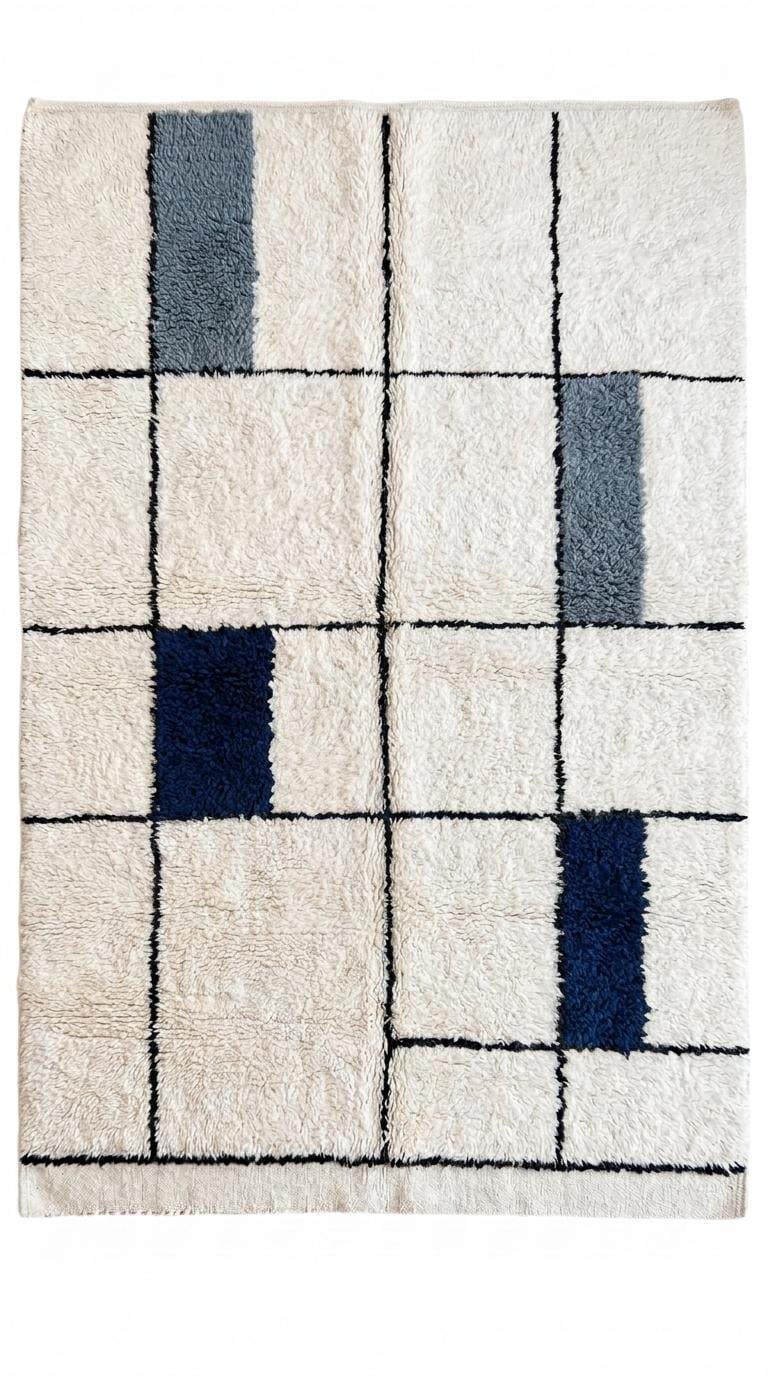 Navy Bleu Moroccan Rug, Geometric Block Area Rug,  Grey Shag, Hand-Tufted Boho Decor