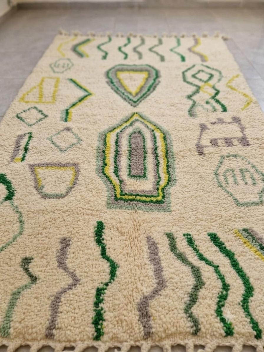 Beni Ourain Wool Rug – Cream Geometric Tribal Motifs, Handwoven Berber Area Rug
