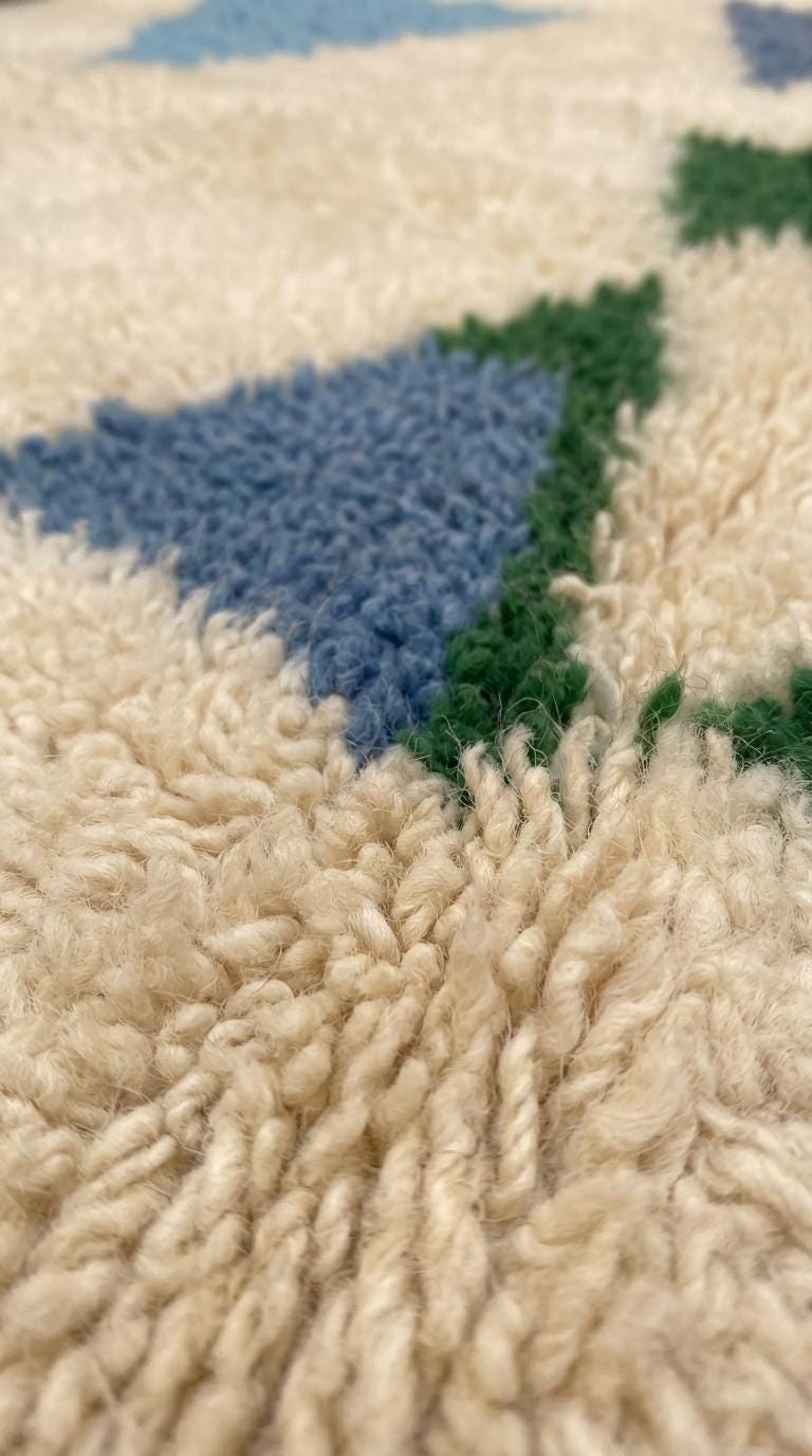 Moroccan Rug, Blue Green Geometric Triangle Shag Rug, Cream Plush Boho  Floor Art