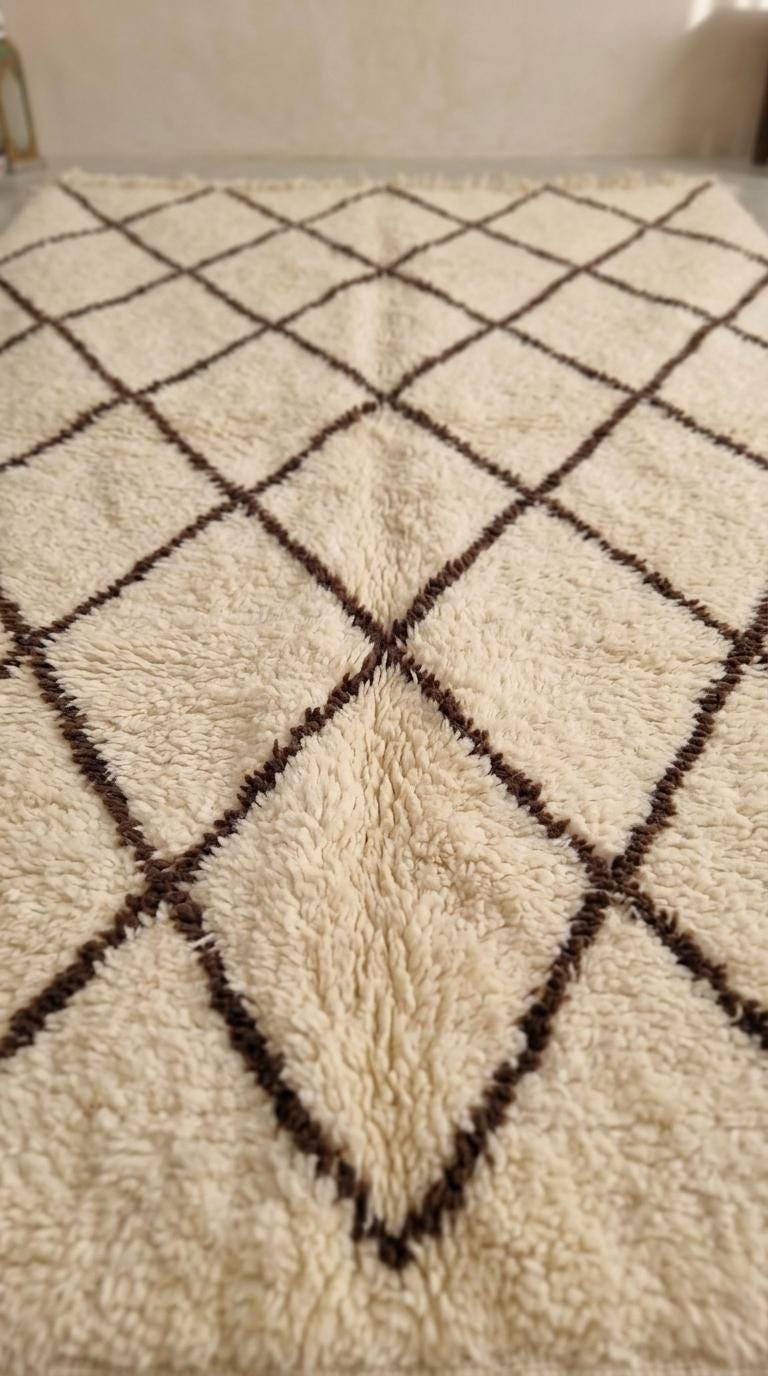 Traditional Moroccan Beni Ourain Rug - Plush Cream Wool with Dark Brown Diamond Lattice - Handwoven Tribal Area Rug - Artisanal Home Decor