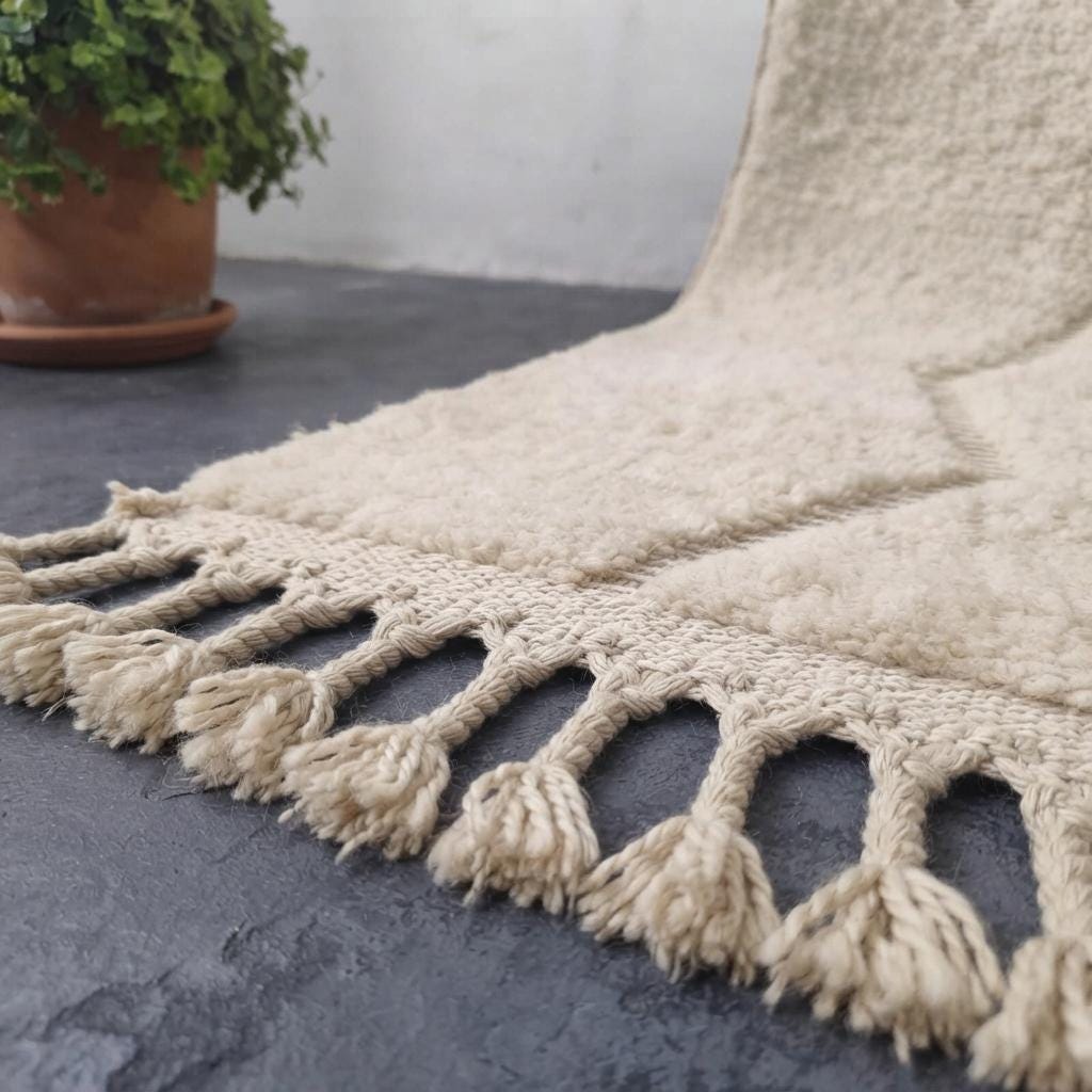 Minimalist Moroccan Berber Rug, Hand-Knotted Cream Wool Carpet, Beni Ourain Style Living Room