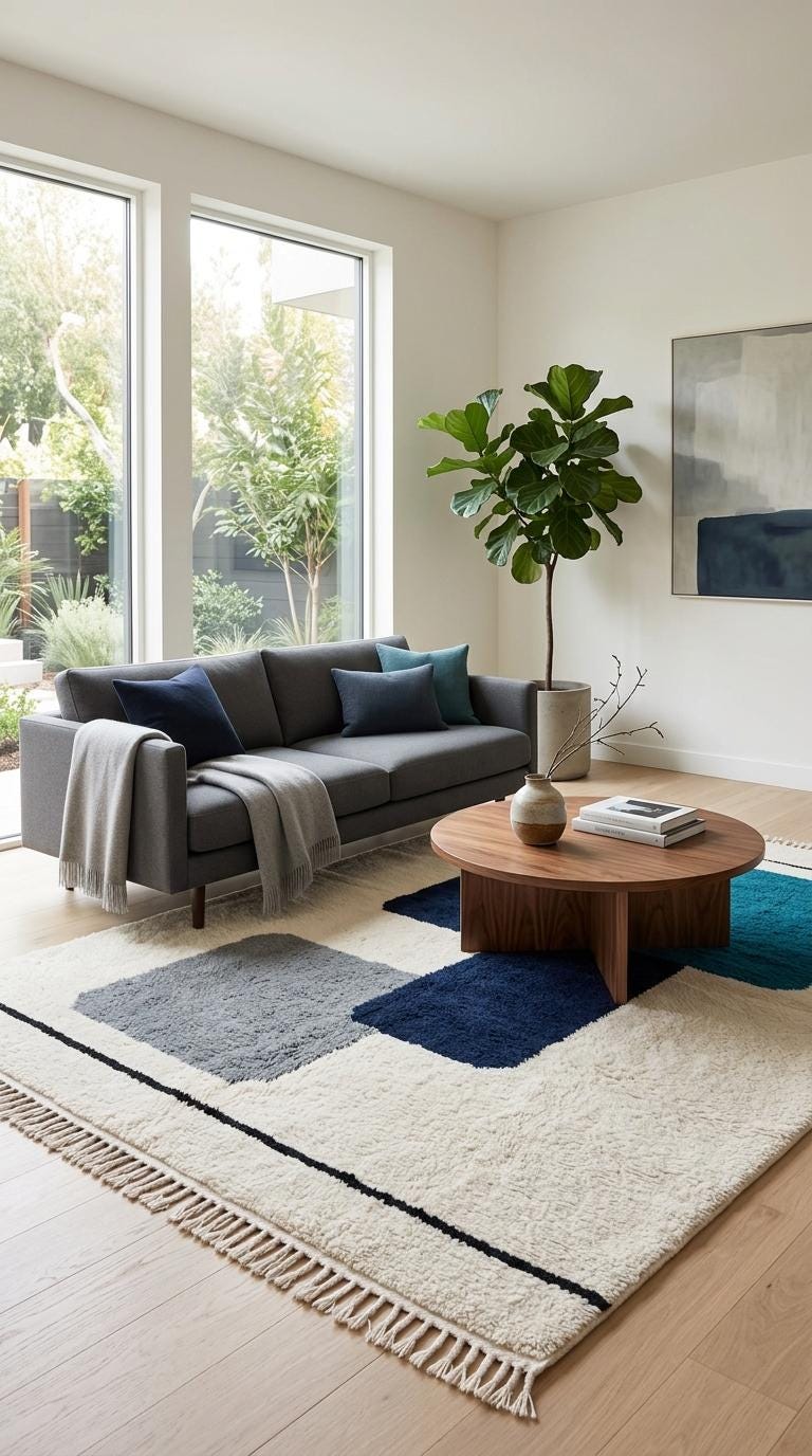 Morrocan Rug, Navy  Geometric Area Rug, Plush Hand-Tufted Boho Wool Rug