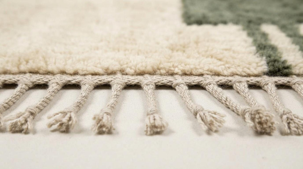 Handmade Geometric Moroccan Rug - Plush Cream Wool with Emerald Line Motif - Minimalist Berber Style Area Rug for Modern Home Decor