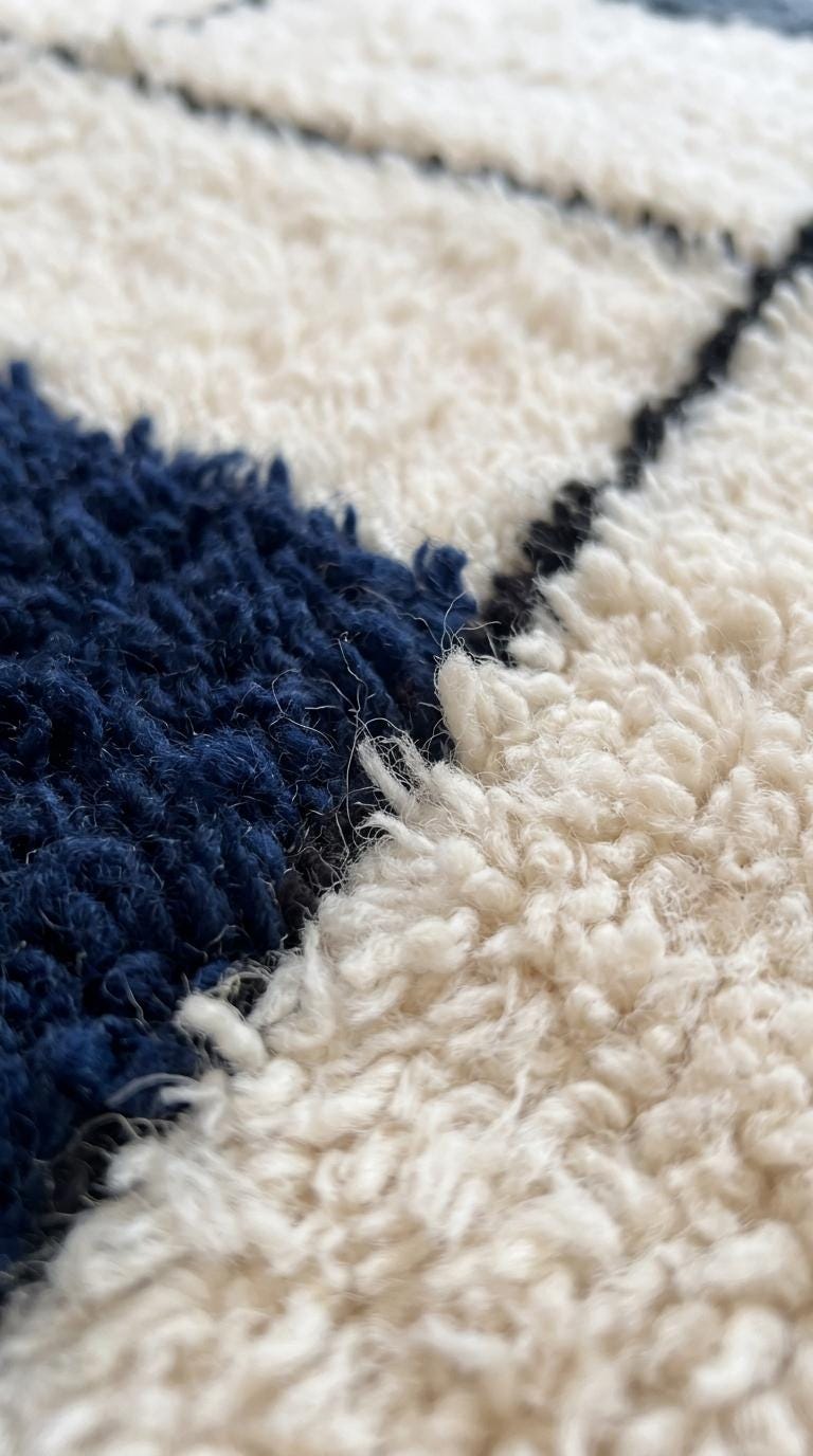 Navy Bleu Moroccan Rug, Geometric Block Area Rug,  Grey Shag, Hand-Tufted Boho Decor